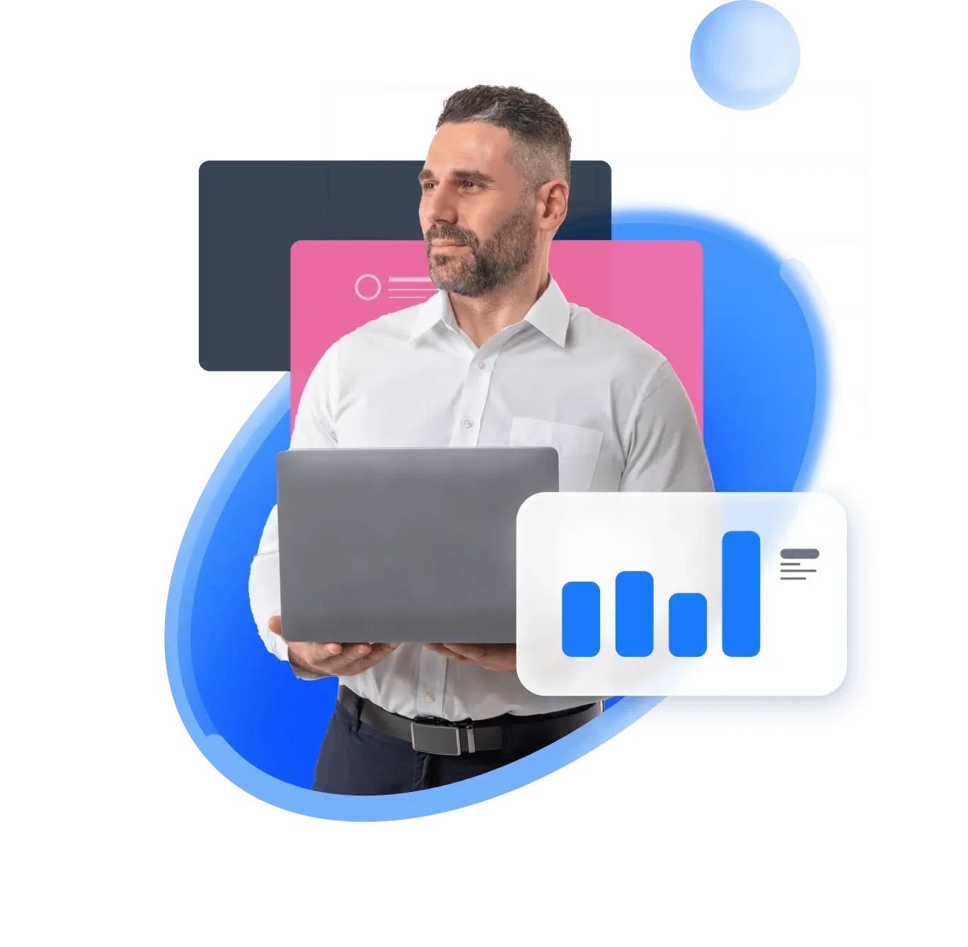Man holding a laptop, surrounded by data visualizations and analytics elements—representing data-driven decision-making, business intelligence, and performance optimization in eCommerce.