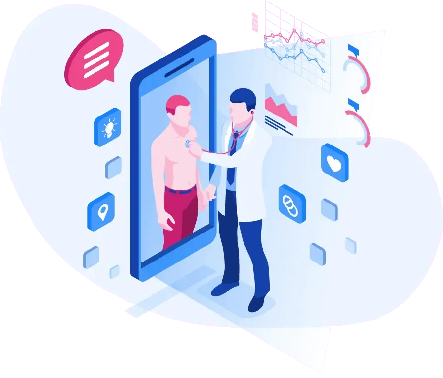 A man is examining a patient on a smartphone and showcasing how we help.