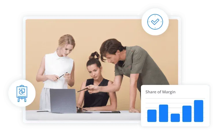 Team of professionals collaborating around a laptop with a 'Share of Margin' bar chart overlay.