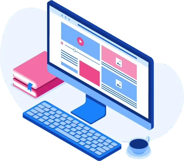 An isometric image of a computer screen with a keyboard and a cup of coffee.