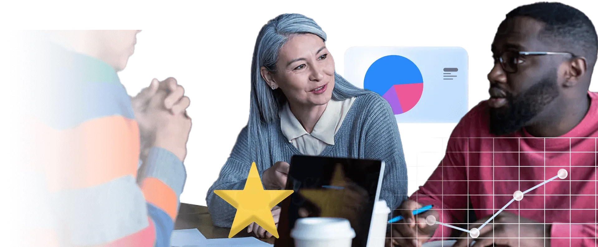 Team of professionals collaborating at a table with laptops, overlaid with data charts and a star icon.