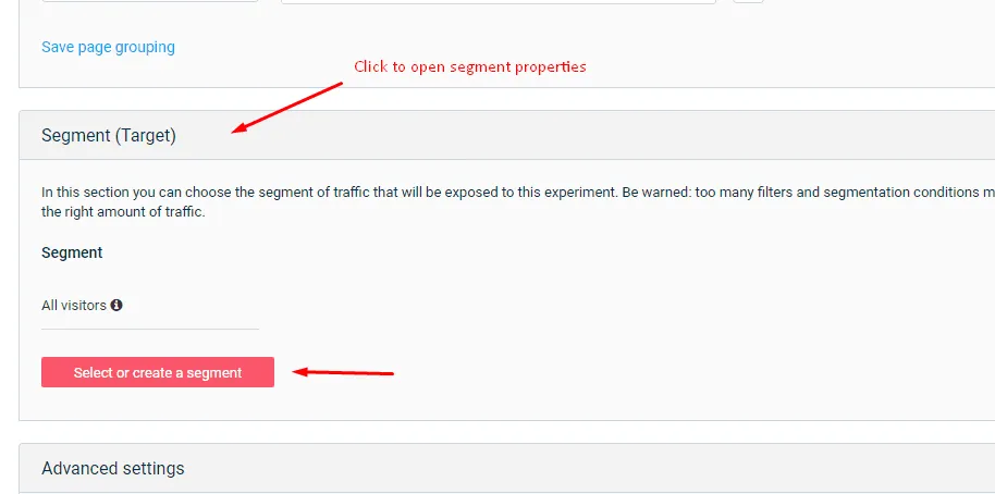 experiment create select segment