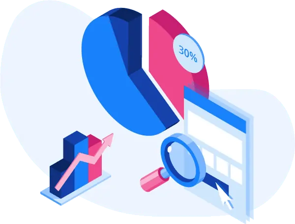 An isometric image of a magnifying glass and a pie chart.