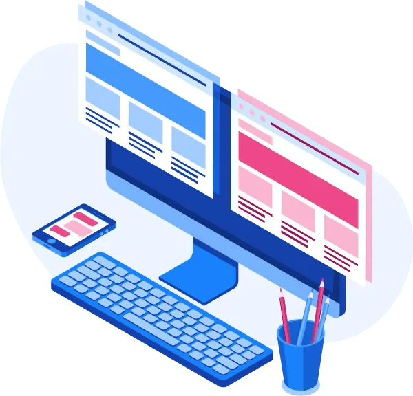 An isometric image of a computer screen with a mouse and keyboard.
