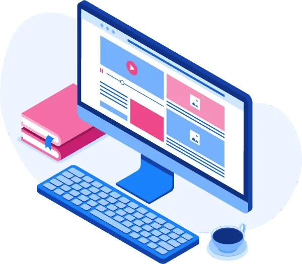 An isometric image of a computer screen with a keyboard and a cup of coffee.