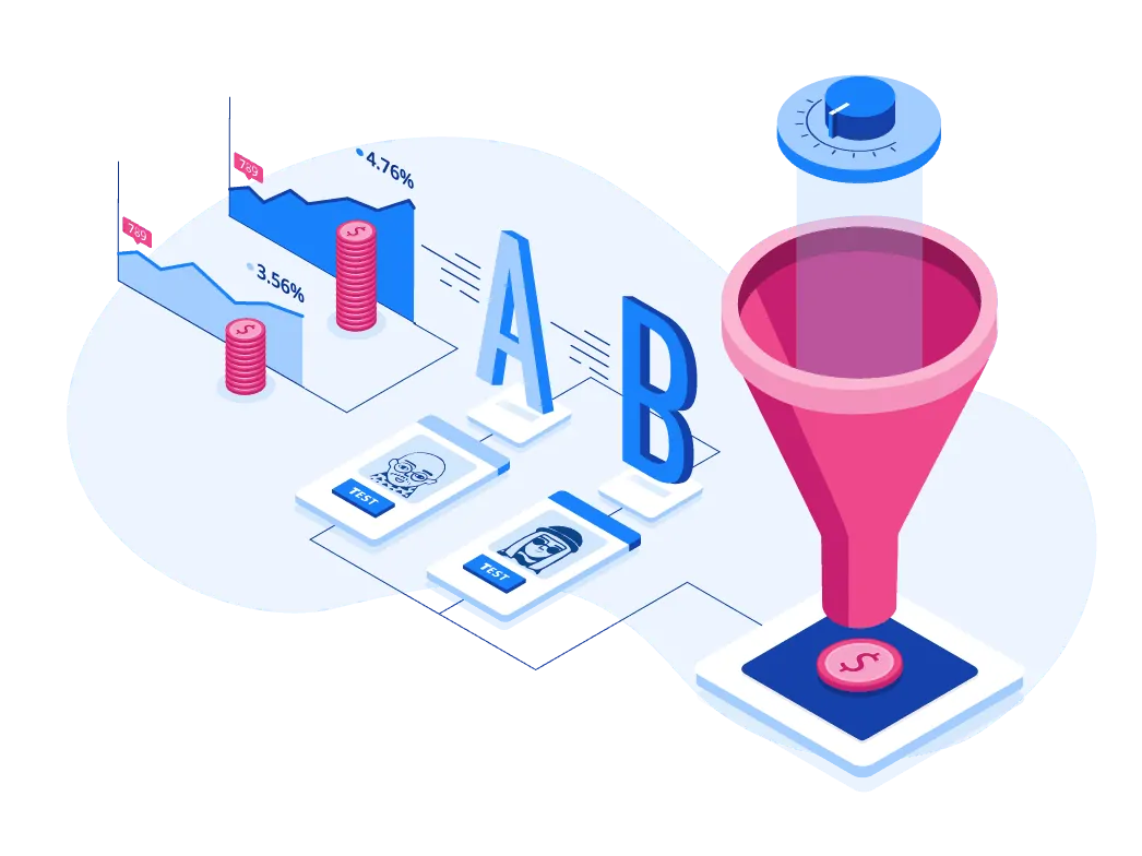 An optimization-focused isometric funnel image with an attached graph.