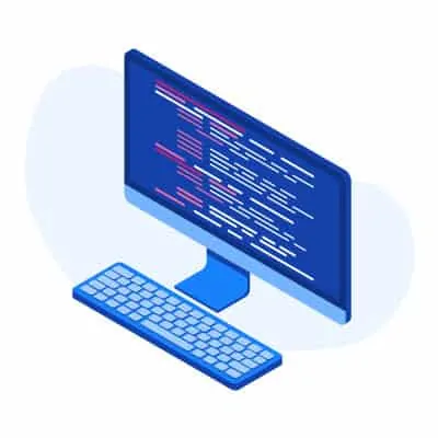 Isometric image of a computer screen with code overlays.