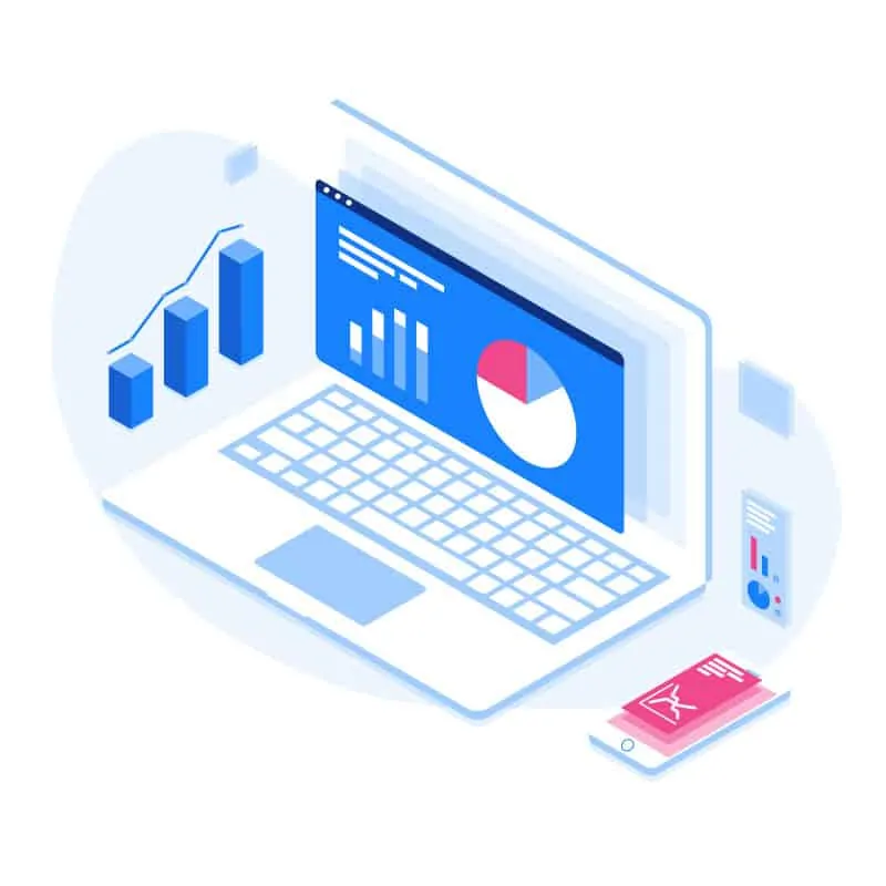 An isometric image of a personalized laptop with a graph on it.