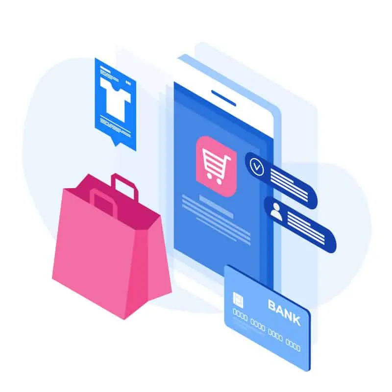 An isometric image of a mobile phone with a shopping bag and credit card, demonstrating personalization options.