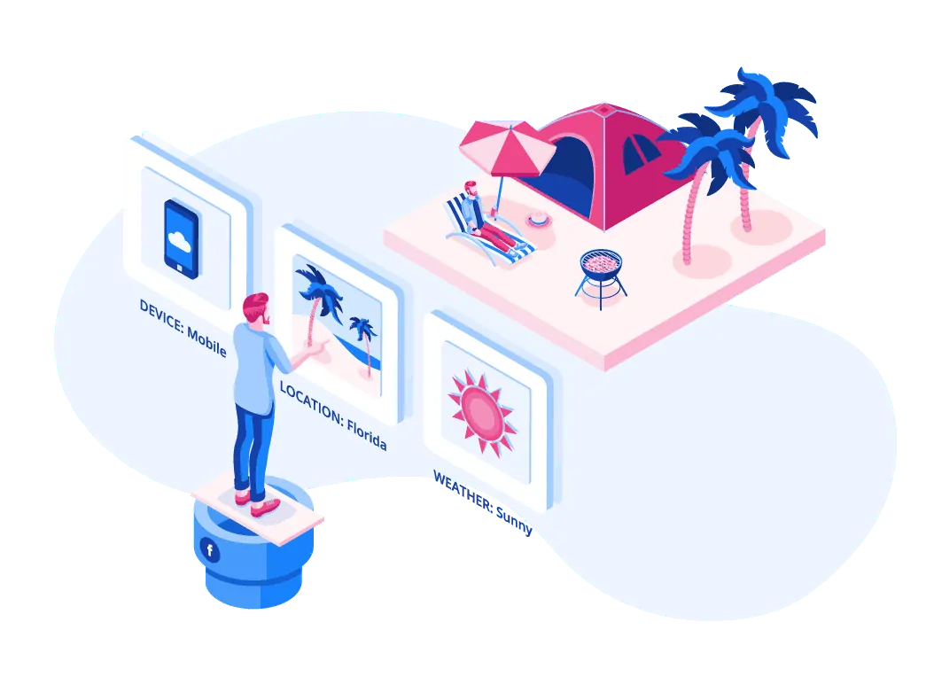 A personalized isometric illustration featuring a man standing next to a beach and a tent.