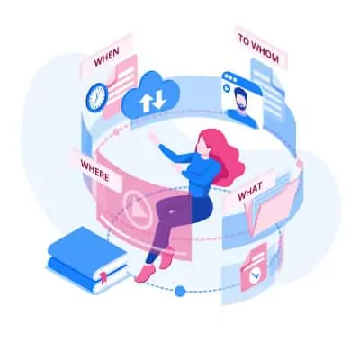 An isometric illustration of a woman sitting in a circle, demonstrating segmentation.