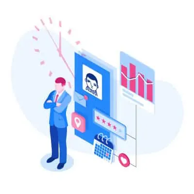 An isometric illustration of a businessman standing next to a clock, showcasing segmentation.