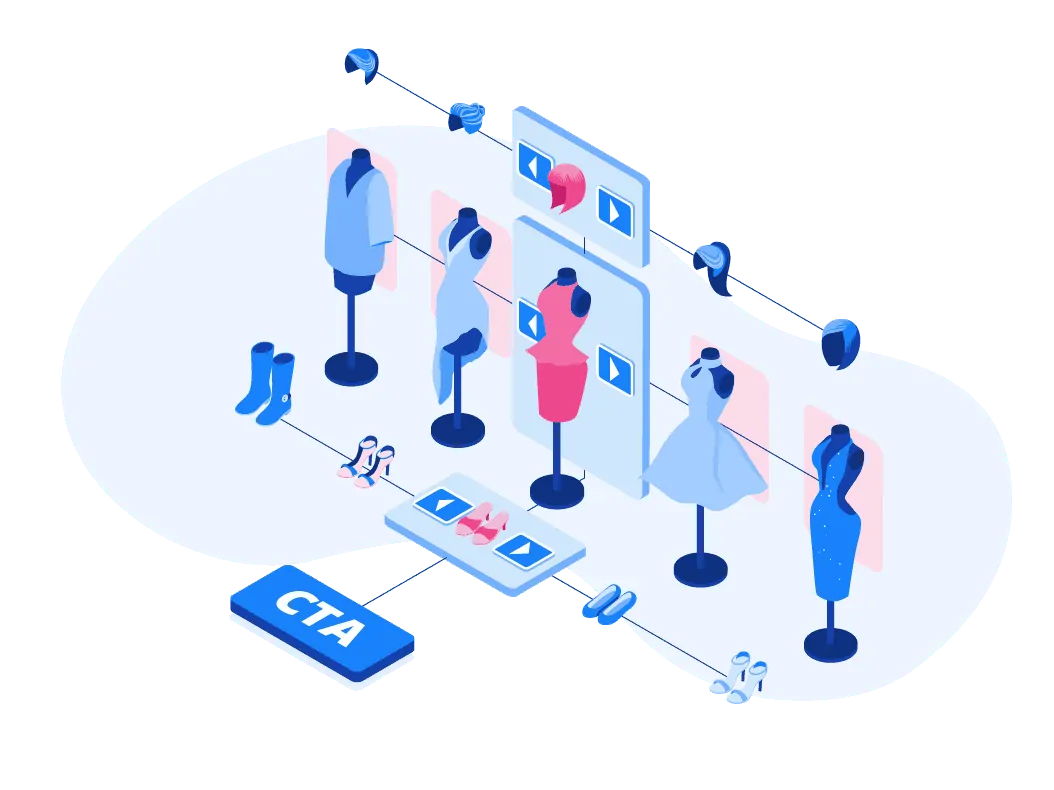 An isometric image of a mannequin and a mannequin on a blue background showcasing secgmentation.