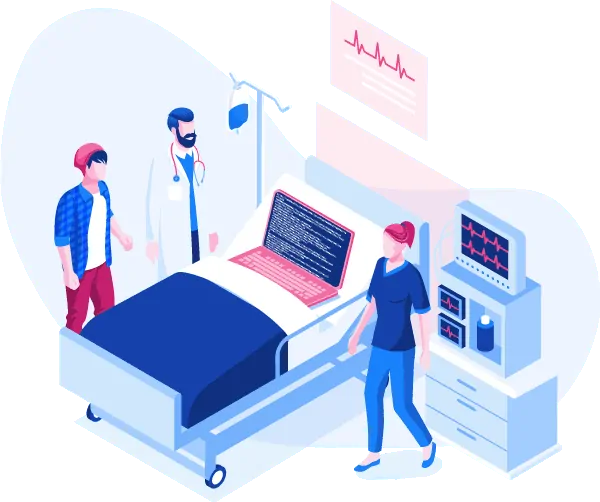 Isometric illustration of a hospital bed with people standing around it, undergoing an audit.