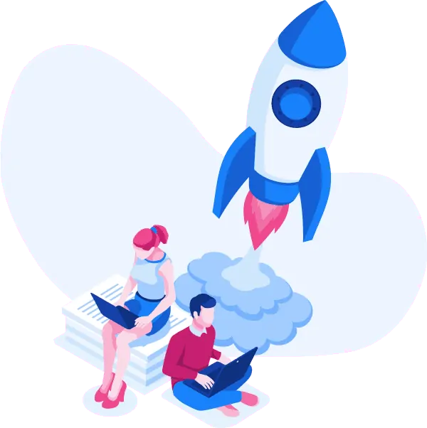 Isometric illustration of people working on laptops with a rocket in the background. The scene showcases individuals engaging in various services and tasks while utilizing their laptops and with a rocket soaring high above them.
