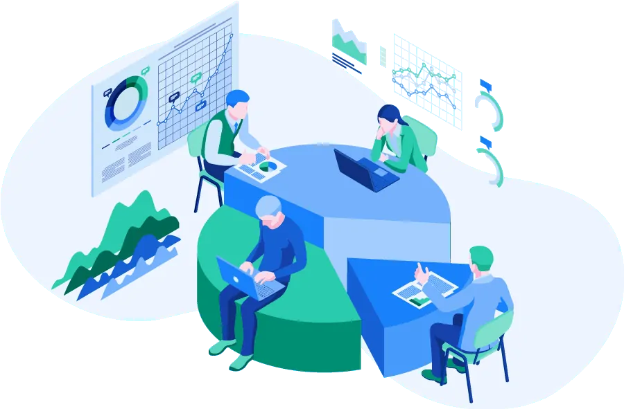 A group of people sitting around a table with surveys and graphs on it.