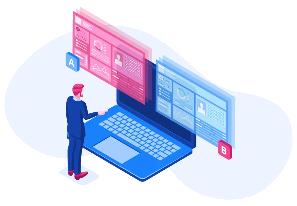 Isometric illustration of a man performing AB testing on social media.