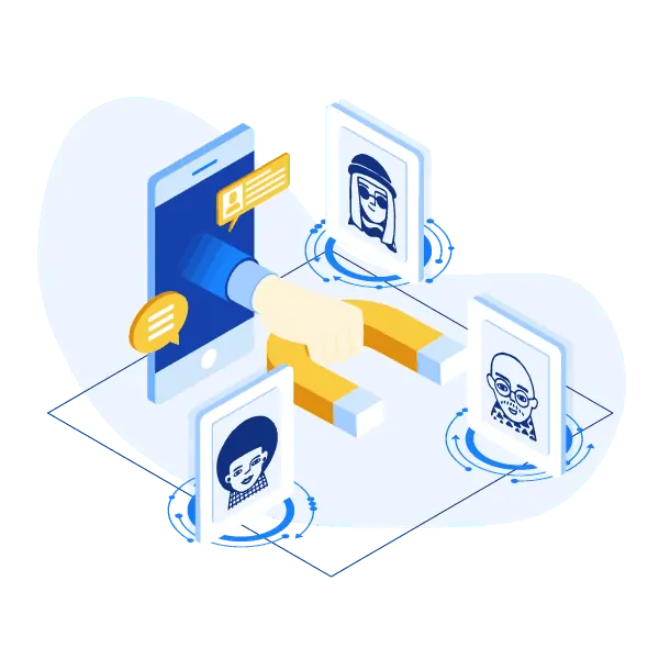 Isometric illustration of a group of people talking on a phone, showcasing the reveal element.