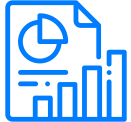 A blue line icon with a graph and a pie chart showcasing audit data.