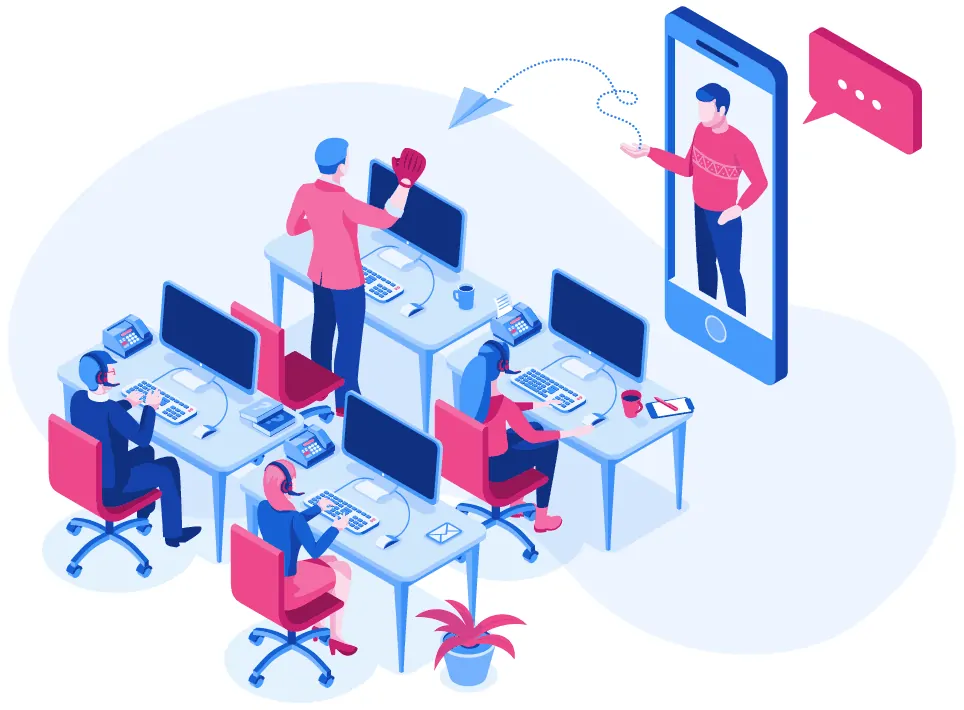 Isometric illustration of a group of people working on a computer for contact.