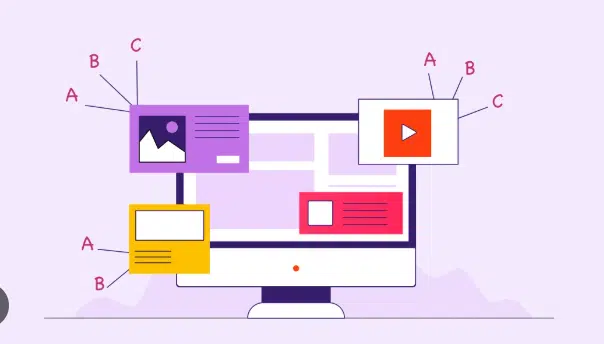 Illustration of multivariate testing variations labeled A, B, and C on a website layout.
