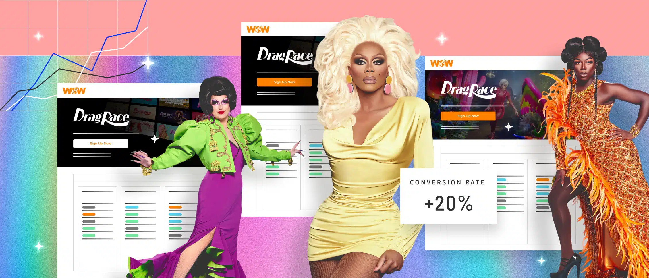 A/B testing success visualized through vibrant promotional images for 'Drag Race' by World of Wonder, featuring drag queens, multiple sign-up variations, and a 20% increase in conversion rate highlighted.