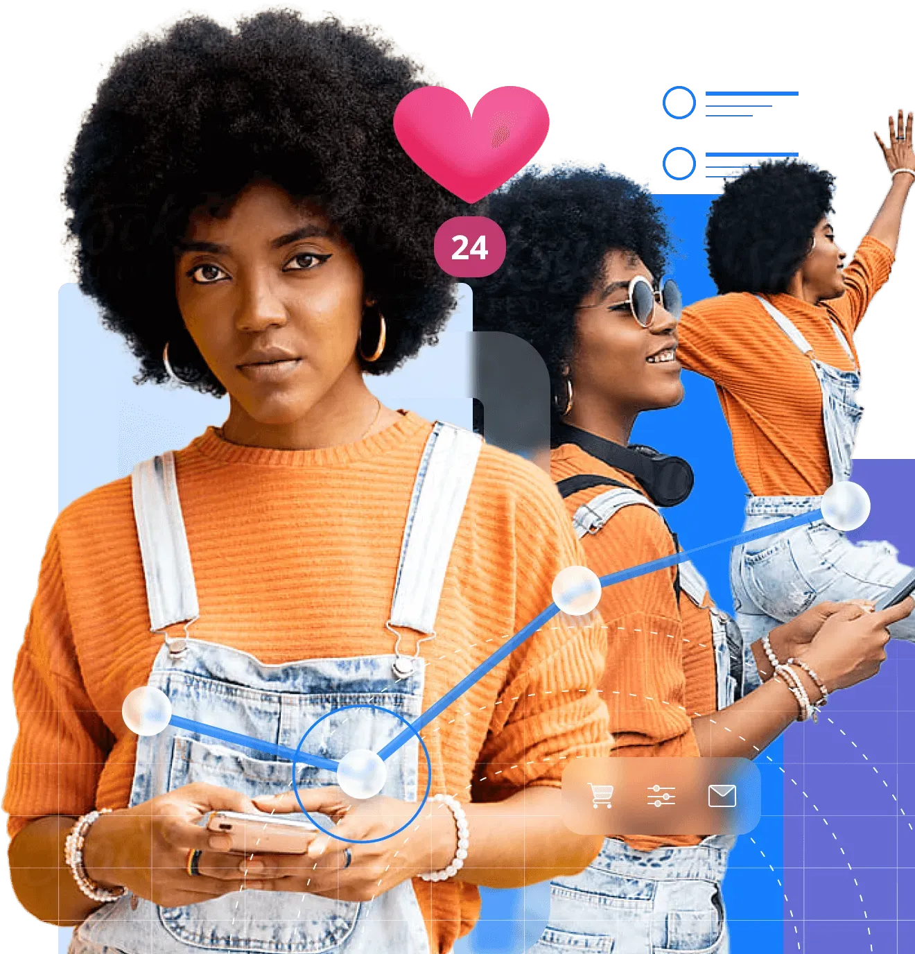 Collage of a young woman in an orange sweater and denim overalls using a smartphone, shown in multiple poses. Overlaid elements include a heart icon with '24', a rising data graph, and digital interface icons, symbolizing engagement and analytics.